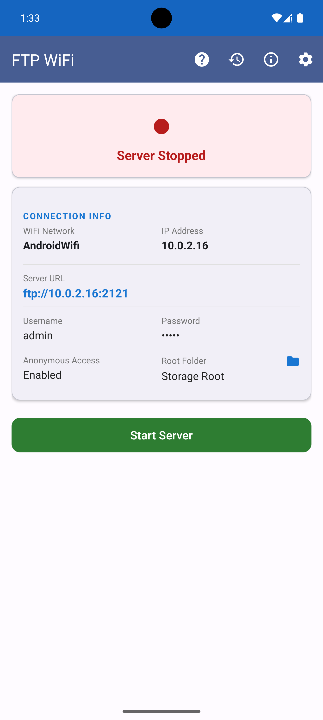 Connection Info — main screen